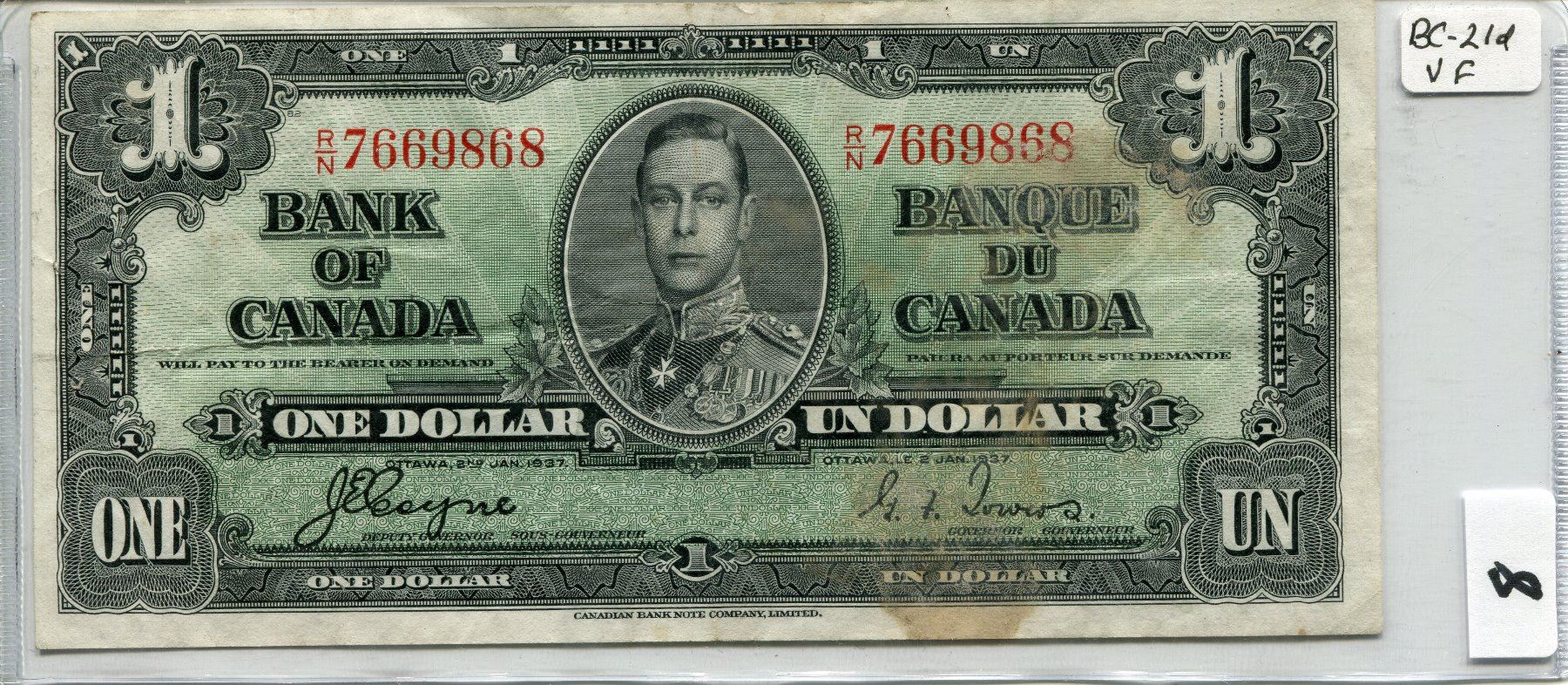 1937 BANK OF CANADA ONE DOLLAR NOTE  1937-bank-of-canada-one-dollar-note