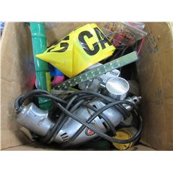 Box with Assorted items / drill /calking gun / ribbon tape and more