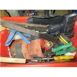 Box with Assorted items / drill /knee pads / wire brushes / snips