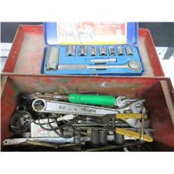 Red Metal Toolbox full of Assorted tools & Misc. / small socket set