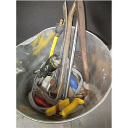 Metal Pail with Assorted Tools / 2 Pry Bars / Ext Cords / snips and more