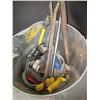 Image 1 : Metal Pail with Assorted Tools / 2 Pry Bars / Ext Cords / snips and more