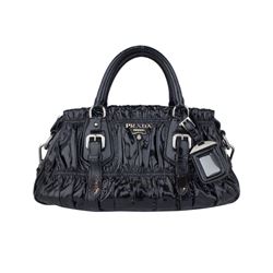Prada Black Patent Leather Gauffre Ruched Medium Shopping Bag