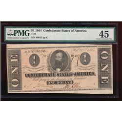 1864 $1 Confederate States of America Note PMG 45