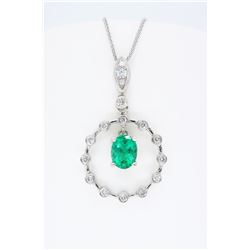 14KT White Gold Emerald and Diamond Pendant with Chain