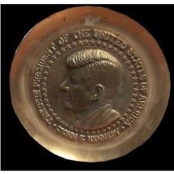 President John F Kennedy Brass Commemorative Decorator Plate Plaque 1960's JFK