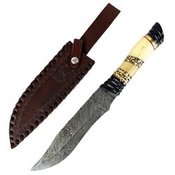 TheBoneEdge 13" Damascus Steel Fixed Blade Bone & Horn Handle Hunting Knife