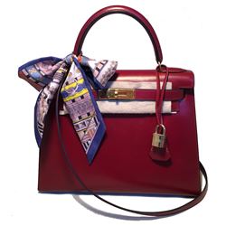 Hermes Vintage Rouge Box Calf 28cm Kelly Bag with Strap