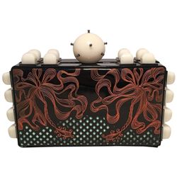 Tonya Hawkes Black Patent Leather Laser Cut and Etched Orange and Teal Clutch