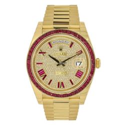 Rolex 228398TRU  Day Date YG 40MM With Ruby Baguette Bezel