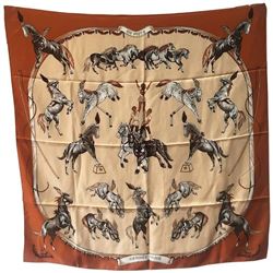 Hermes Vintage En Piste Brown Silk Scarf, circa 1998