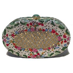 Judith Leiber Vintage Swarovski Crystal Floral Print Oval Minaudiere Evening Bag