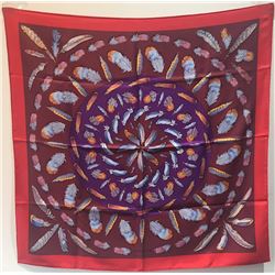 Hermes Vintage Plumes Silk Scarf c1950s in Red and Purple