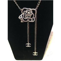 Chanel Silver Chain Rhinestone Camellia Flower Belt Necklace