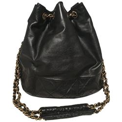 Chanel Vintage Black Leather Drawstring Bucket Shoulder Bag