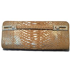 Judith Leiber Tan and Gold Faux Snakeskin Python Crystal Buckle Clutch