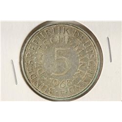 1968-F GERMAN SILVER 5 MARKS .2250 OZ. ASW