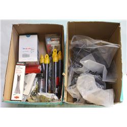 2 BOXES OF ASSORTED ITEMS, FUNNEL AUGER, GLASSES,