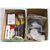Image 1 : 2 BOXES OF ASSORTED ITEMS, FUNNEL AUGER, GLASSES,