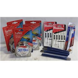 FLAT WITH 5 LUFKIN TAPE MEASURES, JIGSAW BLADES &
