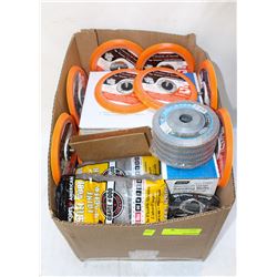 BOX OF ASSORTED ABRASIVE BELTS AND FINISHING PADS&