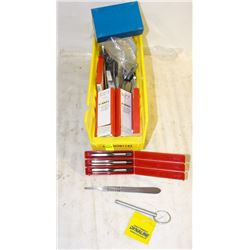 YELLOW BIN W/ TAPS, SCALPER HANDLE, CLEVIS PINS