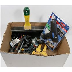 BOX OF CLAMPS, HOT GLUE GUN ETC.