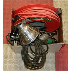BOX OF POWER CORDS AND TROUBLE LIGHTS