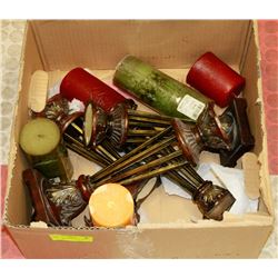 BOX OF CANDLE HOLDERS WITH CANDLES