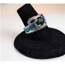 9)  BLUE FIRE OPAL & EMERALD CRYSTAL RING