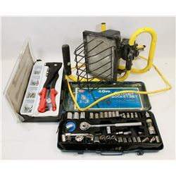 BOX OF ESTATE TOOLS INCLUDES WORKLIGHT AND RIVETER