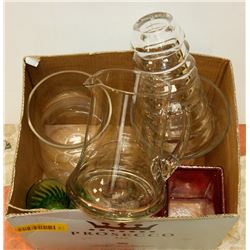 BOX OF GLASS VASES AND PITCHER