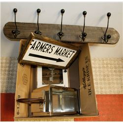 BOX OF COAT HANGER, 2 WALL HANGINGS,