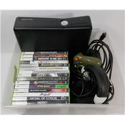 XBOX 360 WITH CONTROLLERS, PLUGS, TURTLE HEADSET,