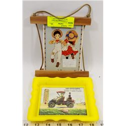 VINTAGE THERMOMETER TRAY WITH PORCELAIN POST CARD