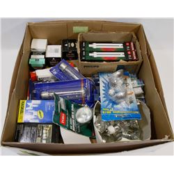 BOX OF ASSORTED NEW LIGHT BULBS.