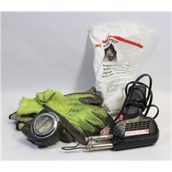 LOT OF WORK GLOVES, FACE RESPIRATOR, TAPE MEASURER