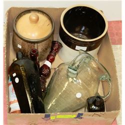 BOX WITH ASSORTED VINTAGE BOTTLES, VASE AND CROCKS