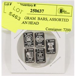 5 SILVER 1 GRAM  BARS, ASSORTED INCL INDIAN HEAD