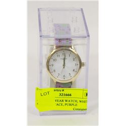 NEW SHAGWEAR WATCH, WHITE AND GOLD FACE, PURPLE