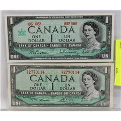 CANADA 1954 AND 1967 DOLLAR BILLS.