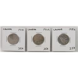 3 – CANADA TWENTY FIVE CENT SILVER COINS.