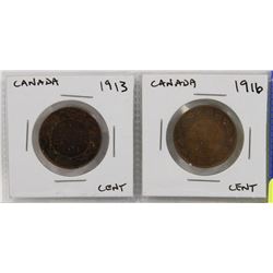 2 – CANADA ONE CENT COINS  1913  1916.