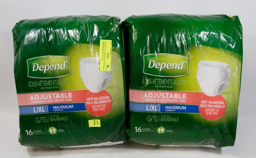2 PACKS OF 16 DEPEND ADJUSTABLE UNDERWEAR WITH TAB