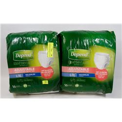 2 PACKS OF 16 DEPEND ADJUSTABLE UNDERWEAR WITH TAB