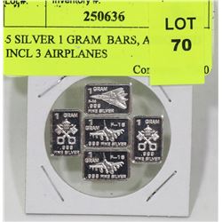 5 SILVER 1 GRAM  BARS, ASSORTED INCL 3 AIRPLANES