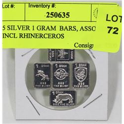 5 SILVER 1 GRAM  BARS, ASSORTED INCL RHINERCEROS