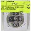 Image 1 : 5 SILVER 1 GRAM  BARS, ASSORTED INCL RHINERCEROS