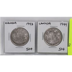 TWO CANADA FIFTY CENT SILVER COINS  1943  1944