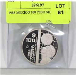 1985 MEXICO 100 PESO SILVER COIN.